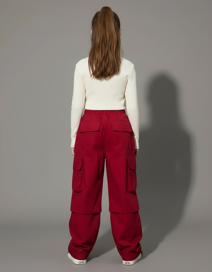 Pantalon Fluide Rouge Cargo Ample Cordon Fille - Polyester - vue 2