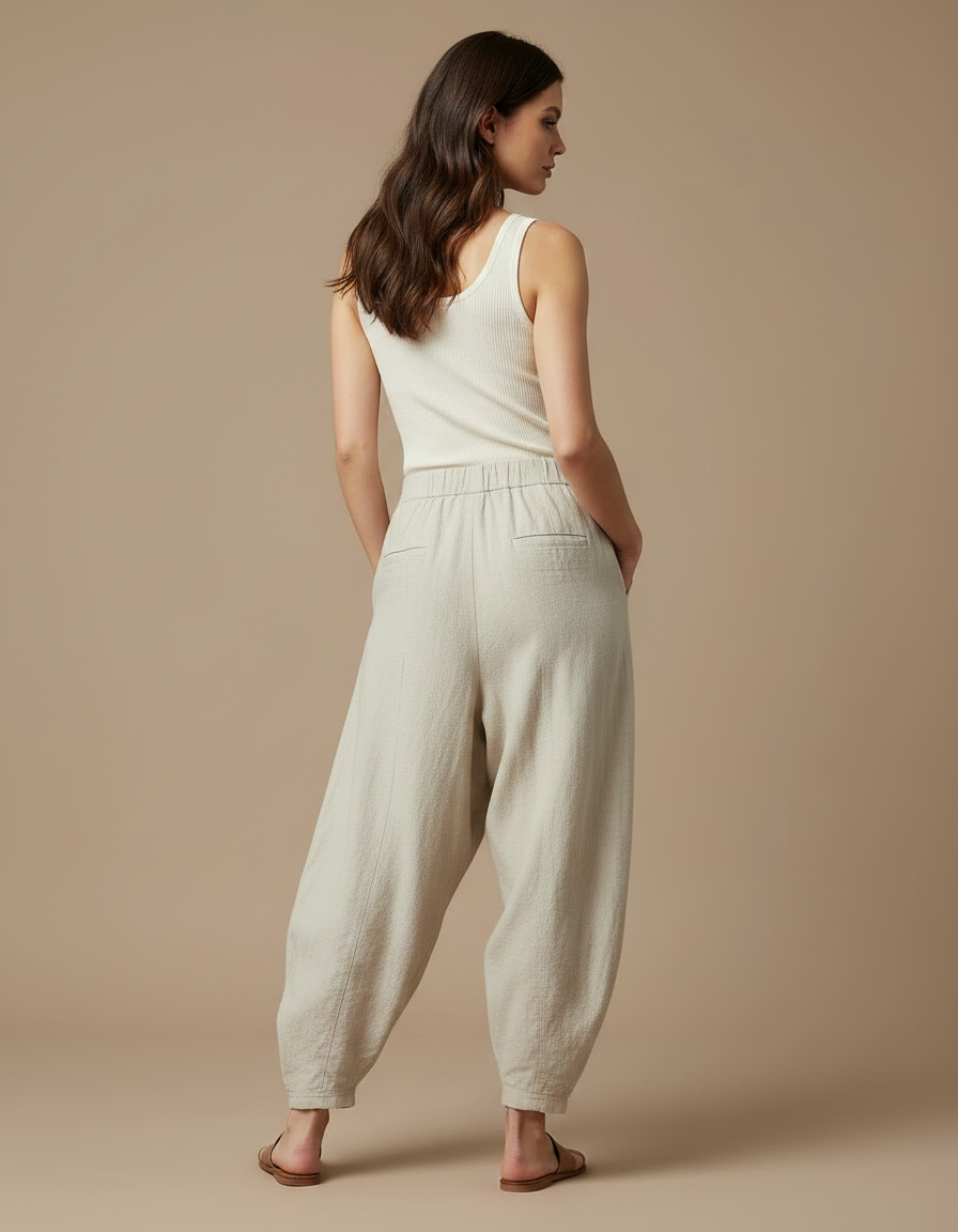 Pantalon Fluide Beige Ample Coton Lin Femme - vue 2