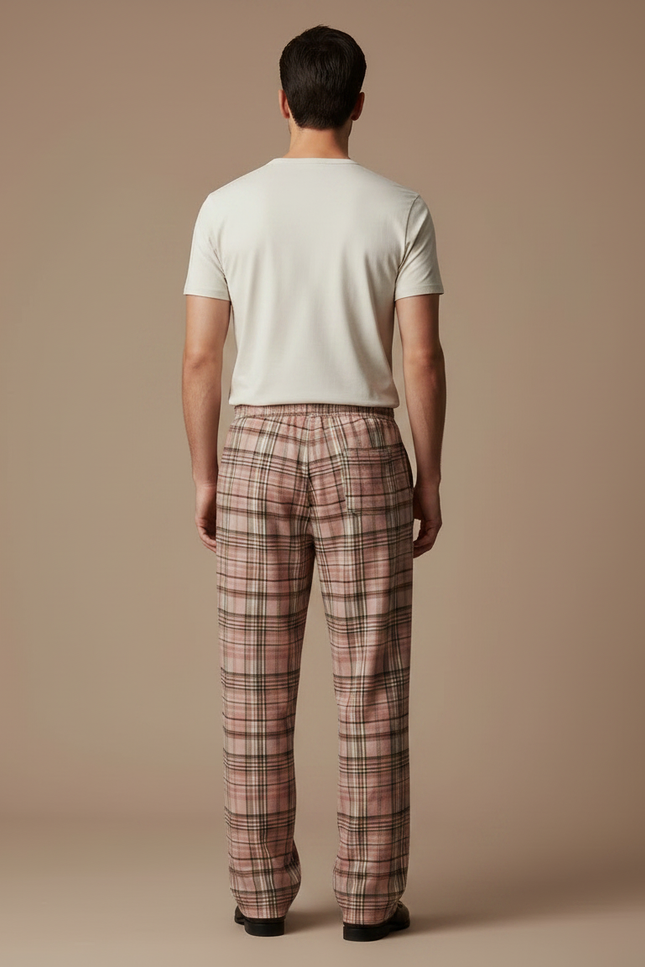 Pantalon Fluide Carreaux Rose Ample Décontracté Homme - Coton - vue 2