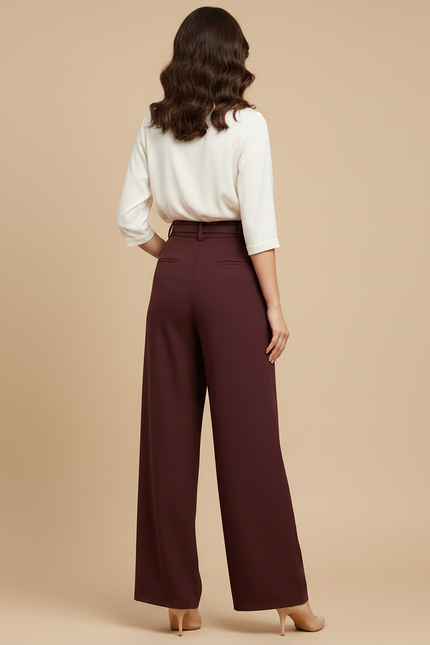 Pantalon Fluide Bordeaux Taille Haute Ample Plissé Élégant - Polyester - vue 2