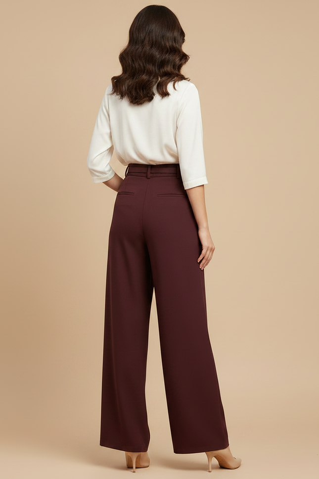 Pantalon Fluide Bordeaux Taille Haute Ample Plissé Élégant - Polyester - vue 2