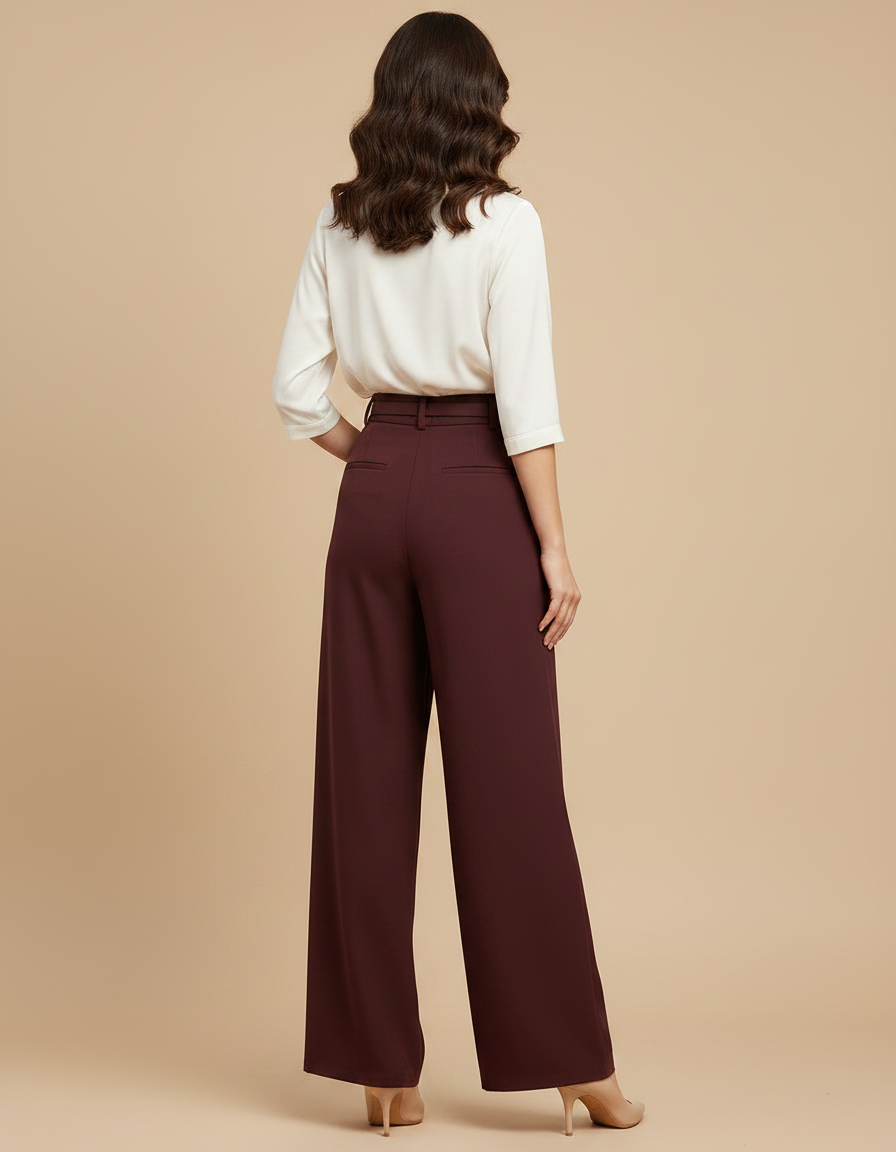 Pantalon Fluide Bordeaux Taille Haute Ample Plissé Élégant - Polyester - vue 2