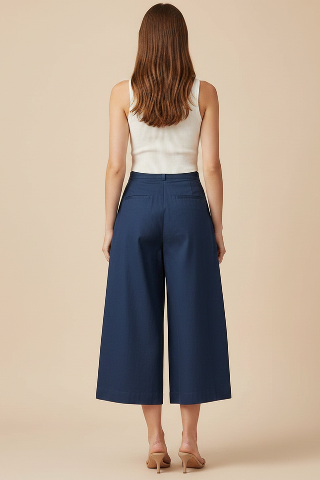 Pantalon Fluide Bleu Marine Ample Plissé Court Femme - Gabardine - vue 2