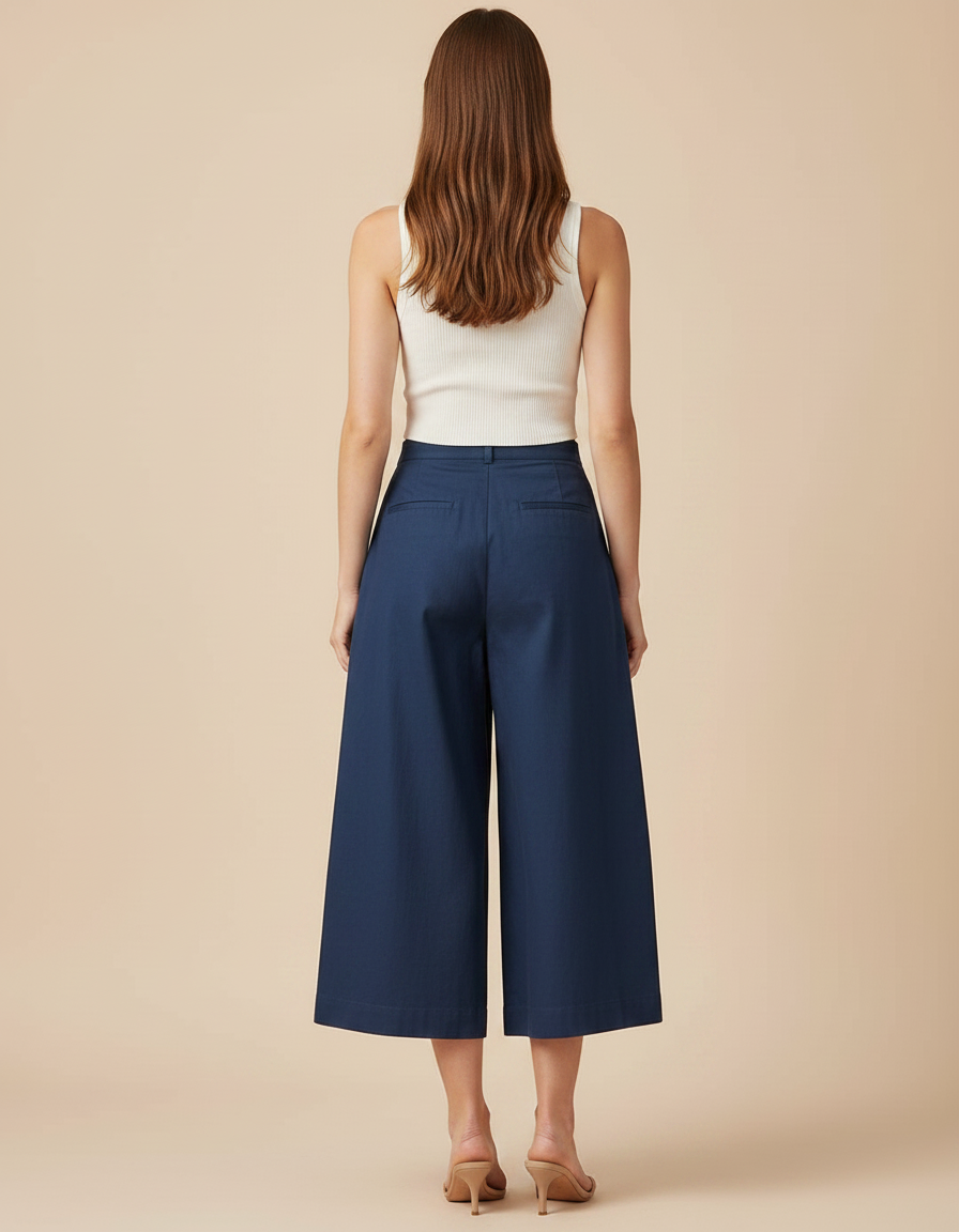 Pantalon Fluide Bleu Marine Ample Plissé Court Femme - Gabardine - vue 2