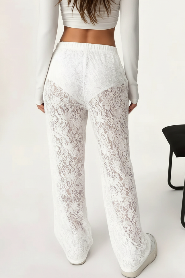 Pantalon Fluide Blanc Dentelle Floral Transparent Bohème - Polyester