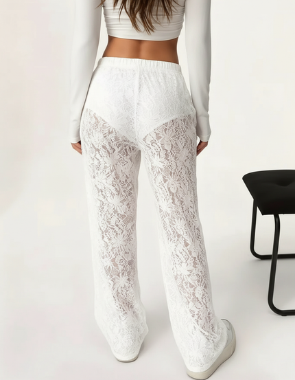 Pantalon Fluide Blanc Dentelle Floral Transparent Bohème - Polyester