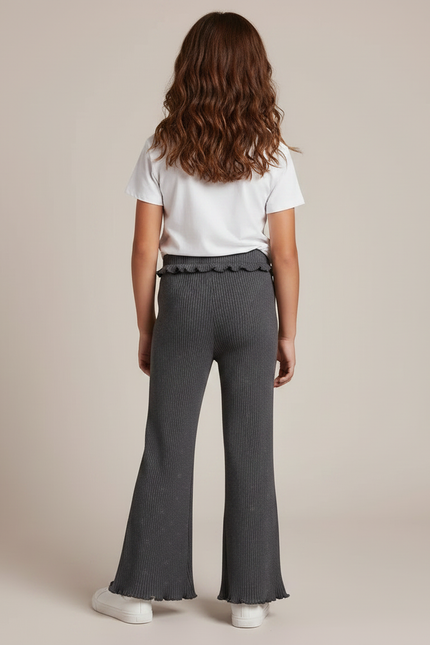 Pantalon Fluide Côtelé Gris Imprimé Évasé Fille - Maille - vue 2