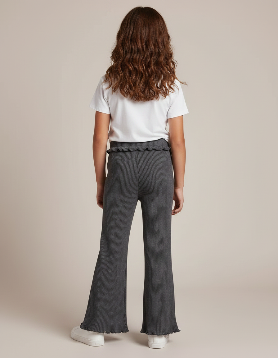Pantalon Fluide Côtelé Gris Imprimé Évasé Fille - Maille - vue 2