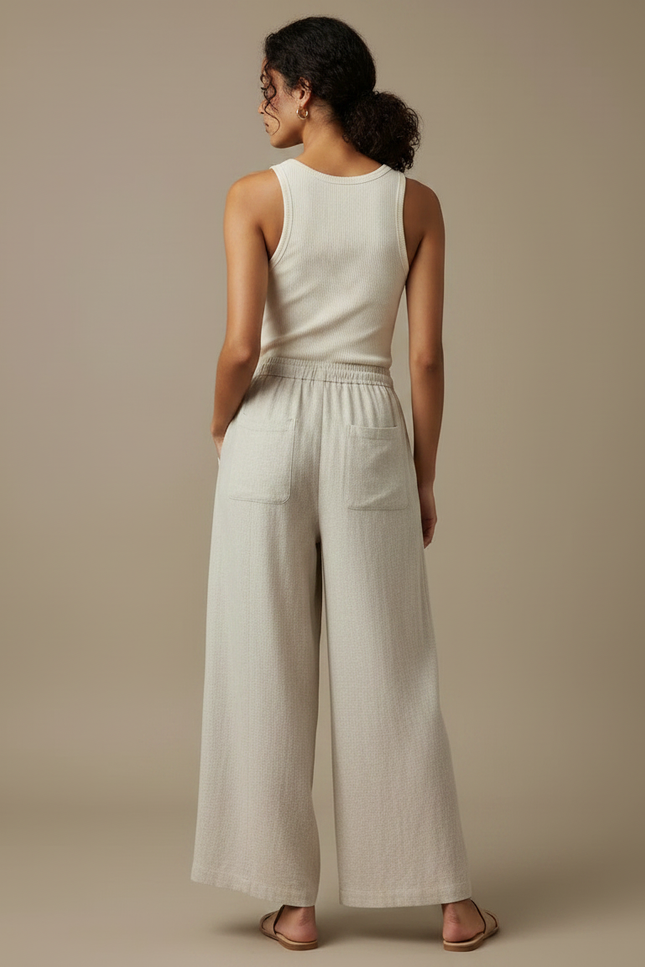 Pantalon Fluide Lin Ample Beige Taille Haute Décontracté - vue 2