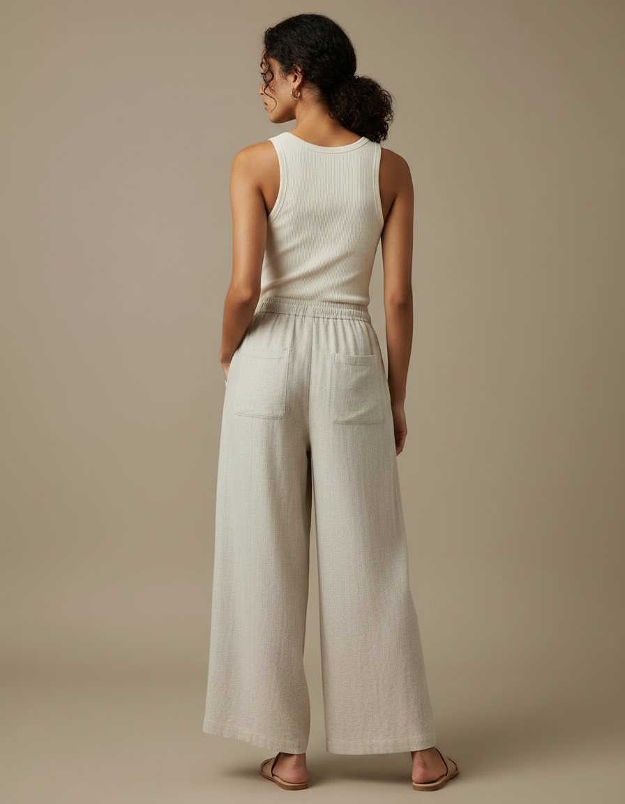 Pantalon Fluide Lin Ample Beige Taille Haute Décontracté - vue 2