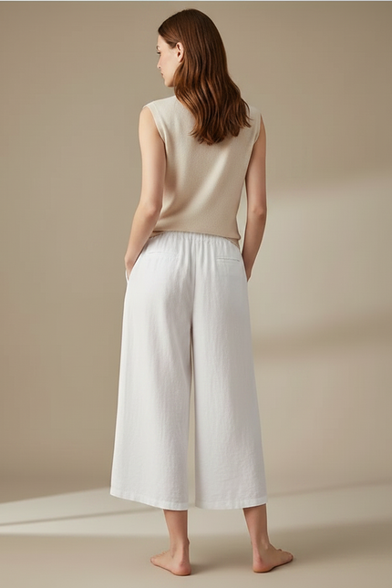 Pantalon Fluide Blanc Lin Ample Court Décontracté - vue 2
