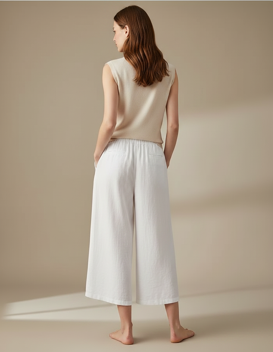 Pantalon Fluide Blanc Lin Ample Court Décontracté - vue 2
