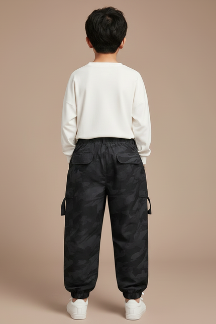 Pantalon Fluide Camouflage Noir Ample Cargo Garçon - Polyester - vue 2