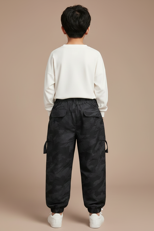 Pantalon Fluide Camouflage Noir Ample Cargo Garçon - Polyester - vue 2