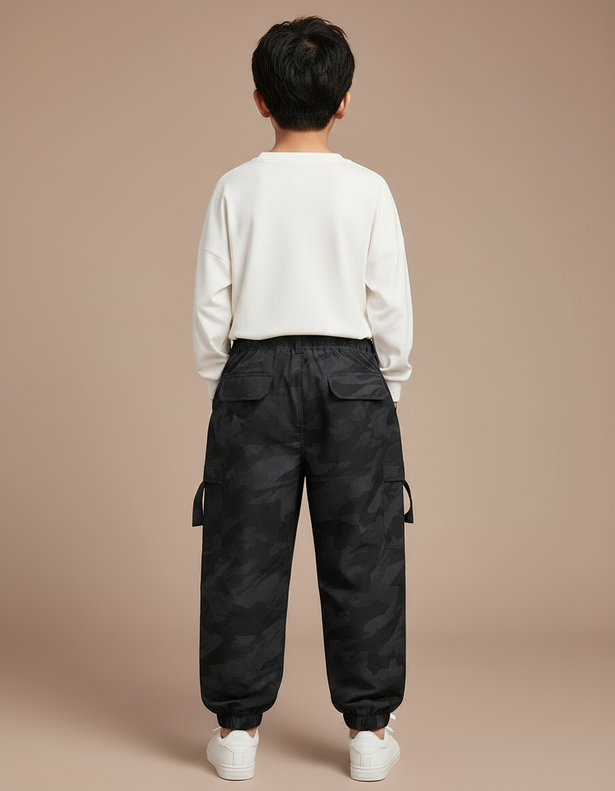 Pantalon Fluide Camouflage Noir Ample Cargo Garçon - Polyester - vue 2
