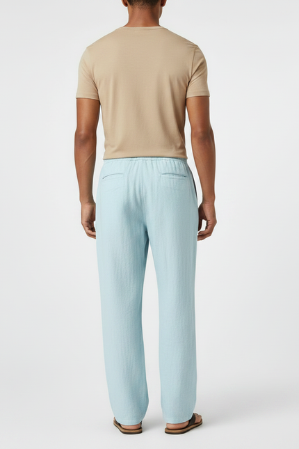 Pantalon Fluide Homme Coton Lin Ample Bleu Ciel - vue 2