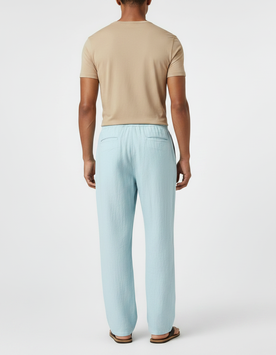 Pantalon Fluide Homme Coton Lin Ample Bleu Ciel - vue 2