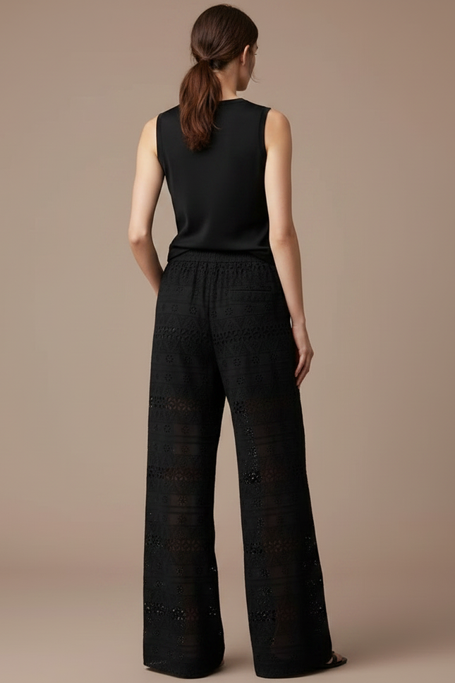 Pantalon Fluide Noir Brodé Ample Dentelle Bohème - Coton - vue 2