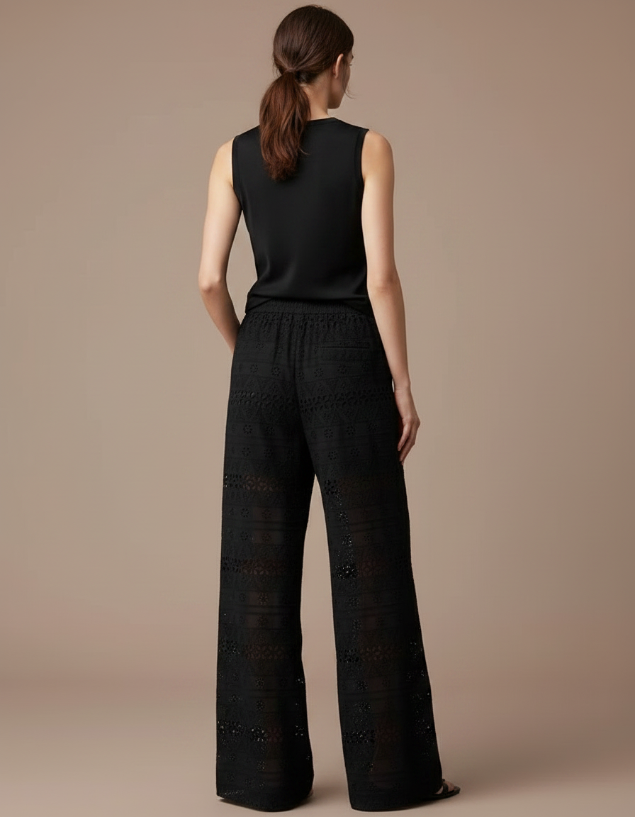 Pantalon Fluide Noir Brodé Ample Dentelle Bohème - Coton - vue 2