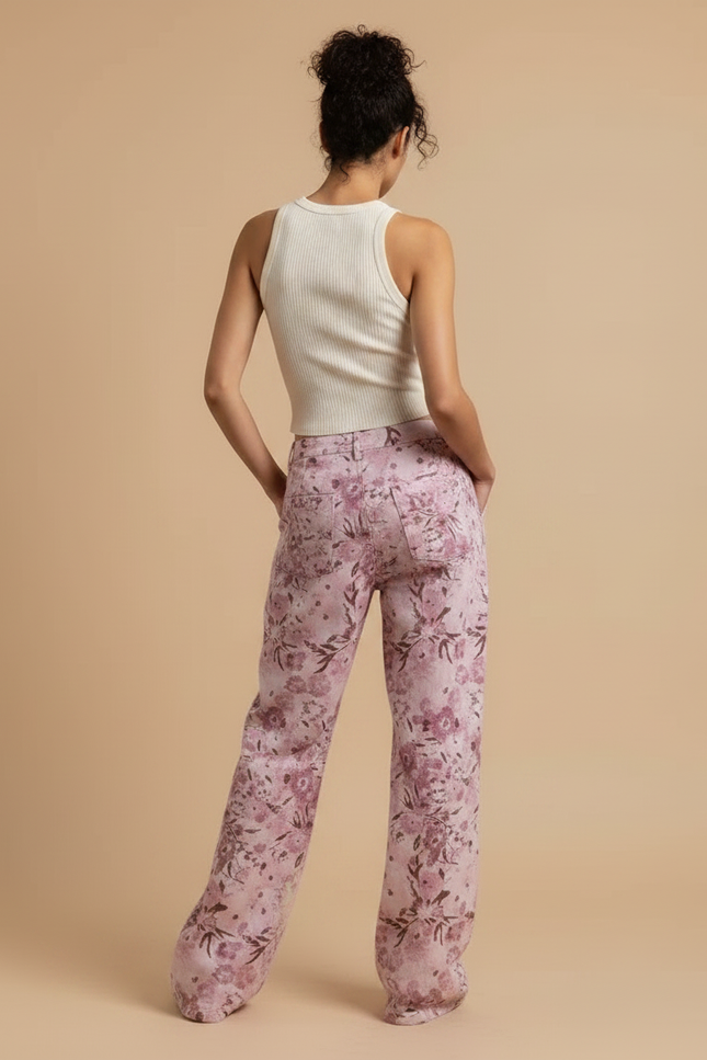 Pantalon Fluide Rose Floral Ample Décontracté Femme - Coton - vue 2