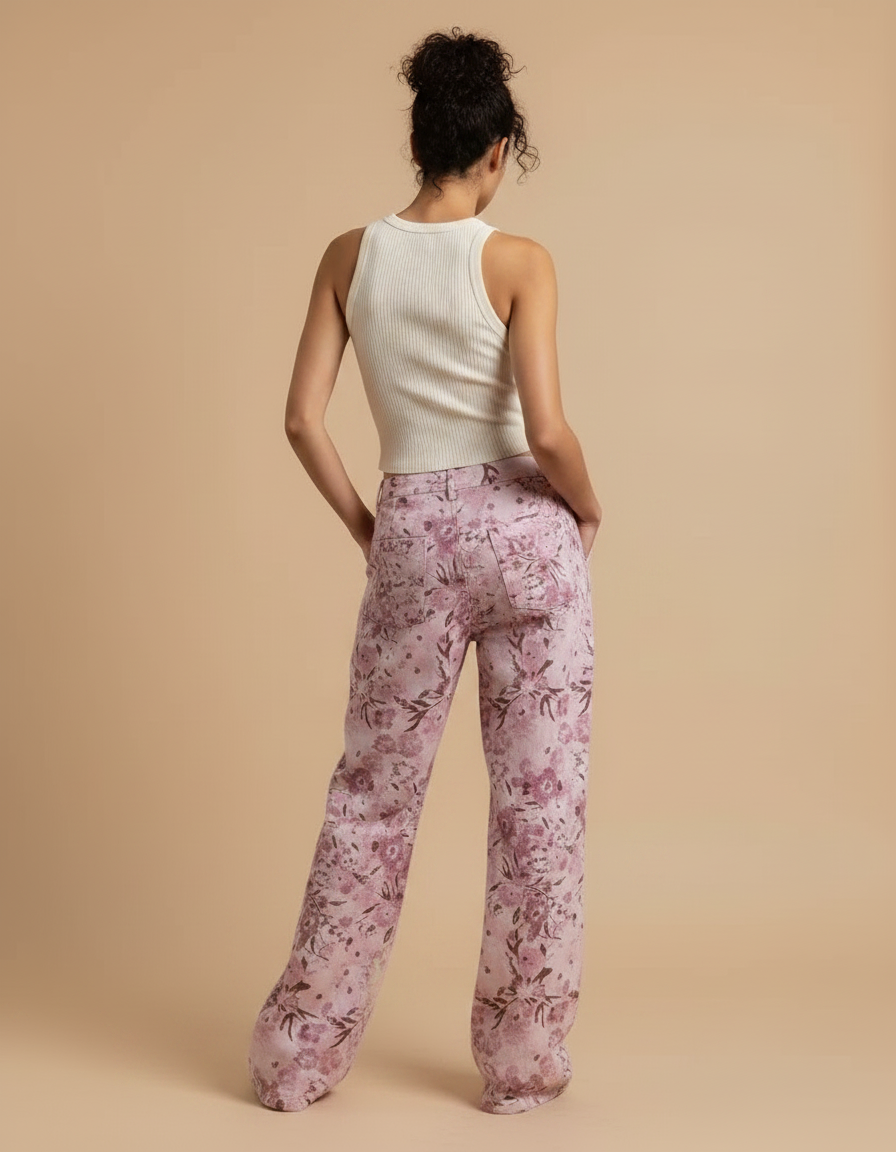 Pantalon Fluide Rose Floral Ample Décontracté Femme - Coton - vue 2