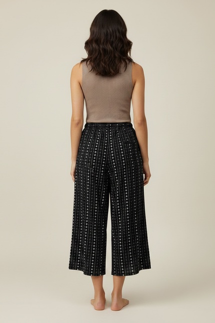 Pantalon Fluide Noir Imprimé Ethnique Ample Cordon - Viscose - vue 2
