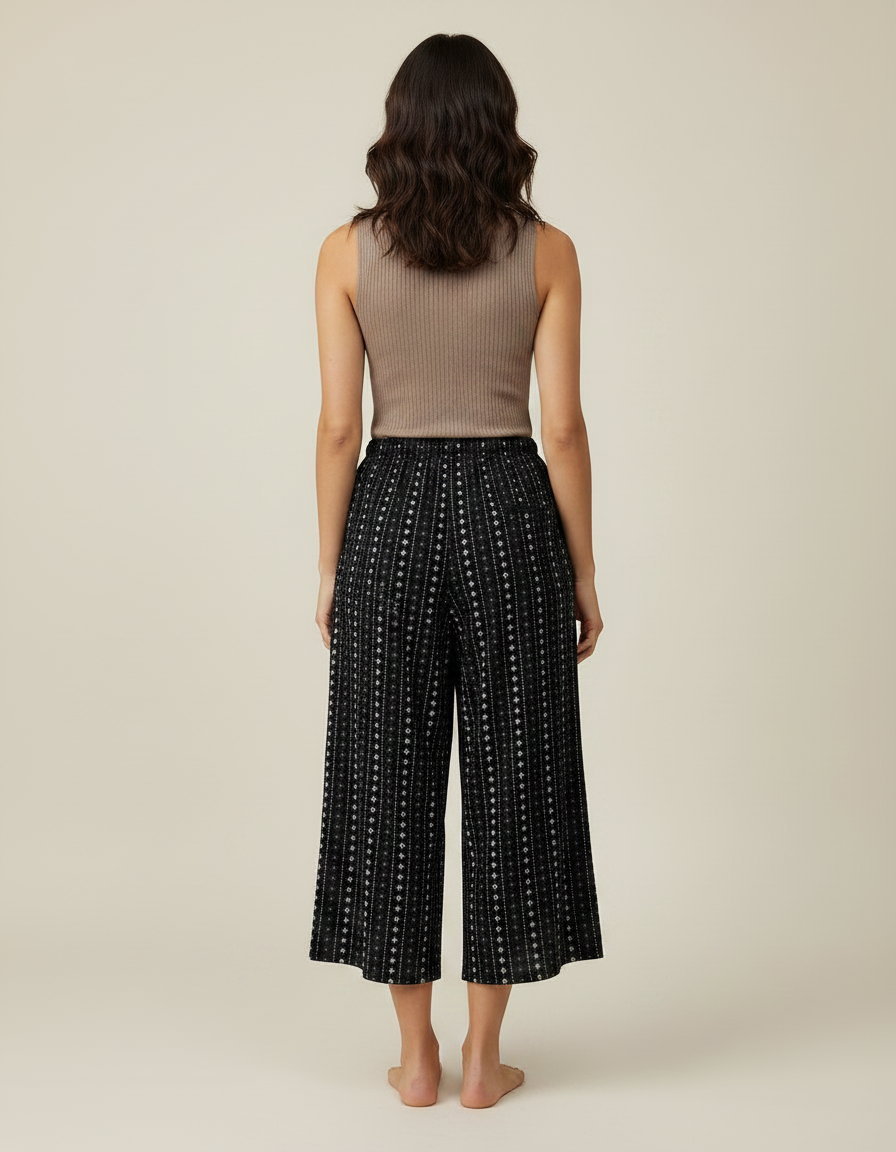 Pantalon Fluide Noir Imprimé Ethnique Ample Cordon - Viscose - vue 2