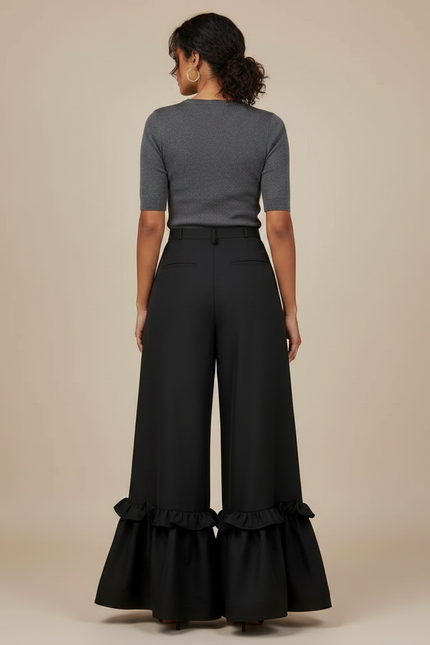 Pantalon Fluide Noir Ample Volants Plissés Élégant - Polyester - vue 2