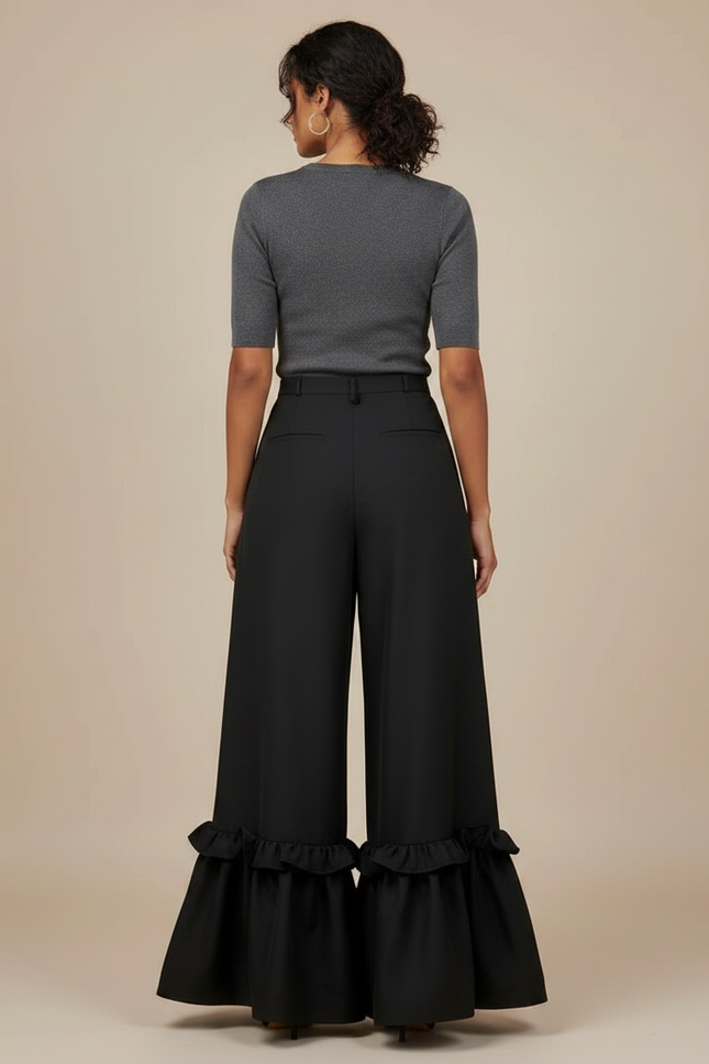 Pantalon Fluide Noir Ample Volants Plissés Élégant - Polyester - vue 2