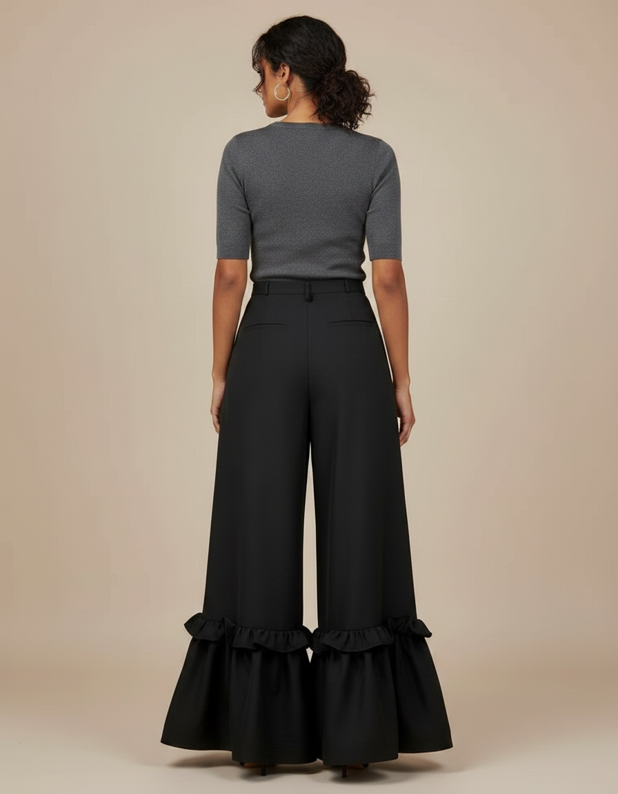 Pantalon Fluide Noir Ample Volants Plissés Élégant - Polyester - vue 2