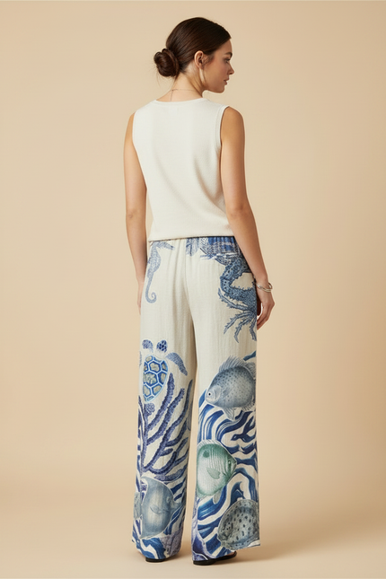 Pantalon Fluide Imprimé Marin Ample Décontracté Écru - Lin - vue 2