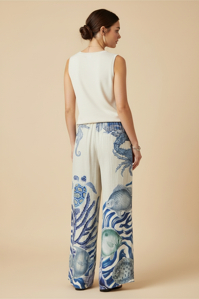 Pantalon Fluide Imprimé Marin Ample Décontracté Écru - Lin - vue 2