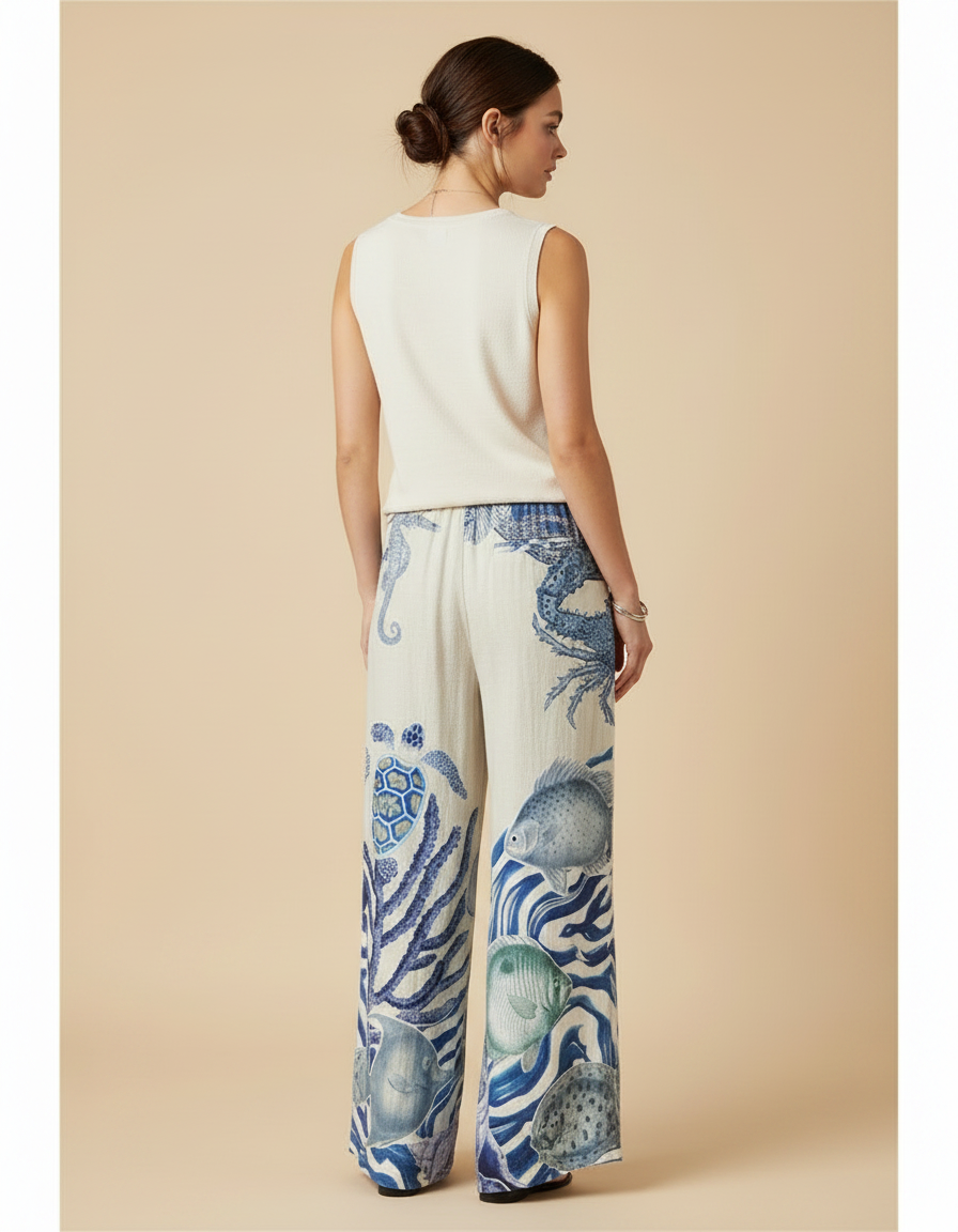 Pantalon Fluide Imprimé Marin Ample Décontracté Écru - Lin - vue 2