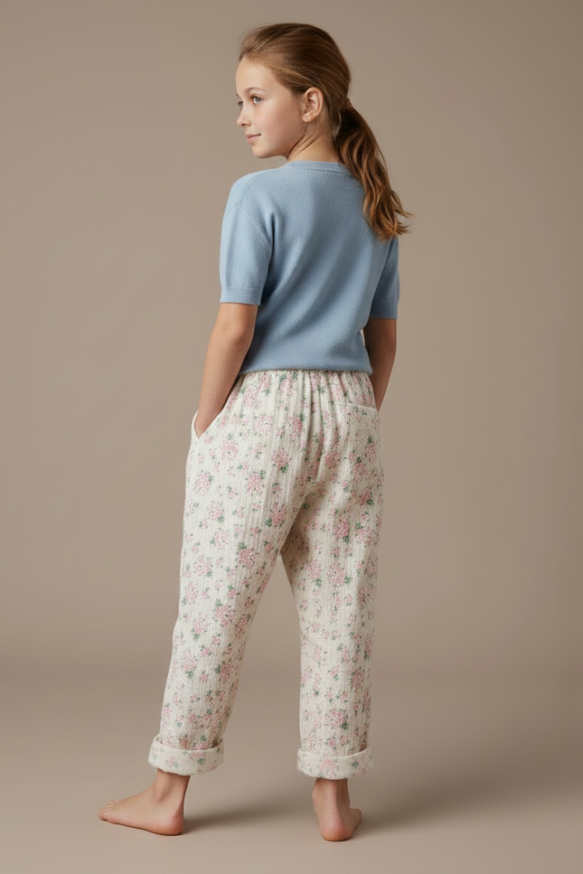 Pantalon Fluide Blanc Floral Coton Ample Fille - Imprimé - vue 2