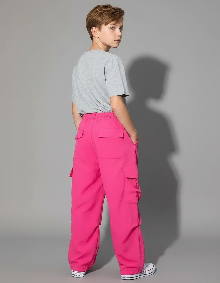 Pantalon Fluide Cargo Rose Vif Ample Streetwear Enfant - Polyester - vue 2