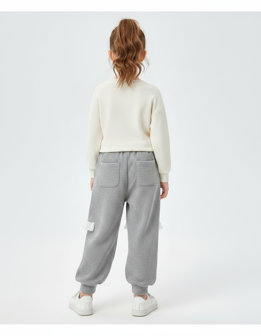 Pantalon Fluide Gris Ample Cordon Dentelle Décontracté Fille - Molleton - vue 2