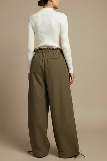 Pantalon Fluide Kaki Ample Taille Haute Décontracté Femme - Polyester - vue 2