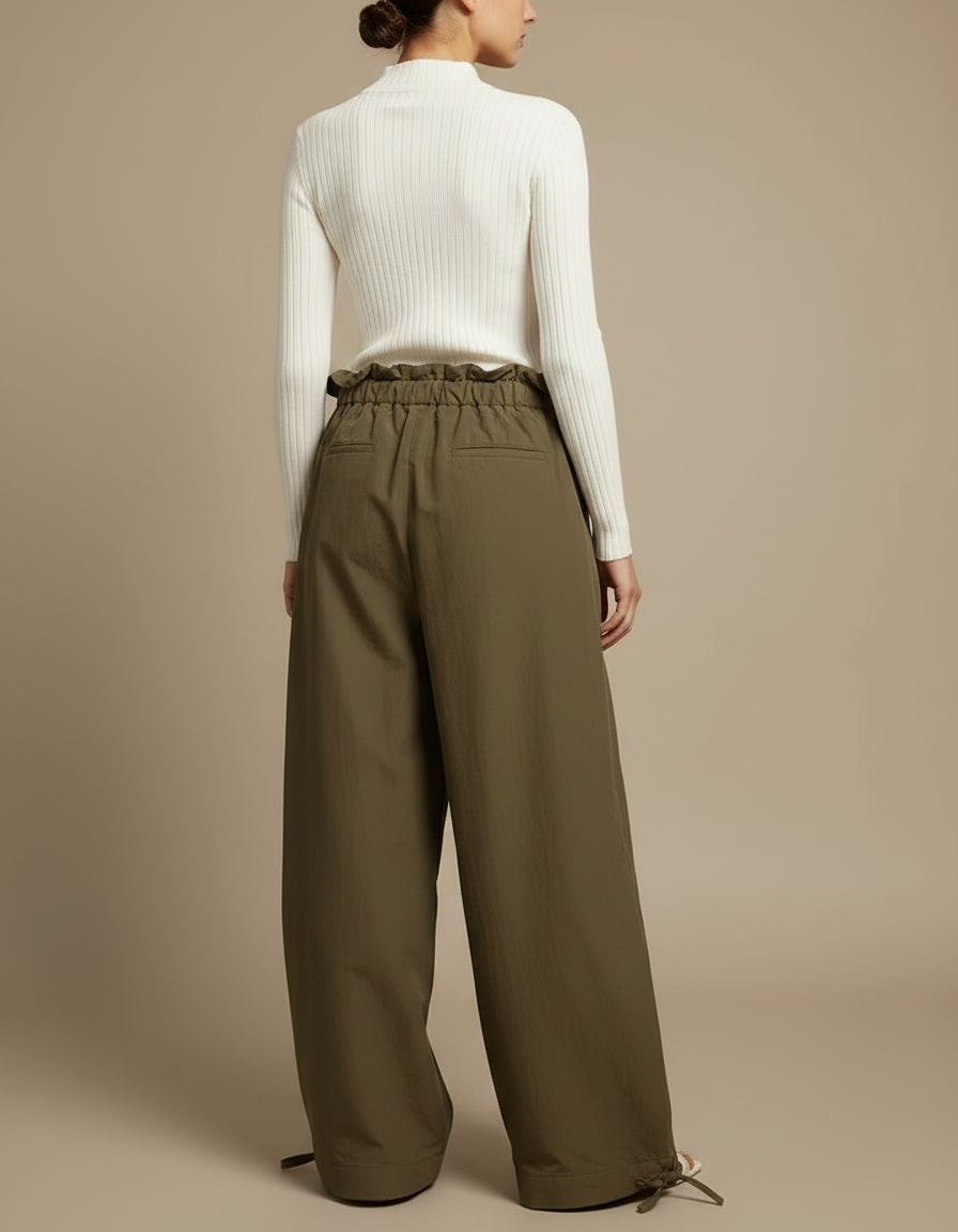 Pantalon Fluide Kaki Ample Taille Haute Décontracté Femme - Polyester - vue 2