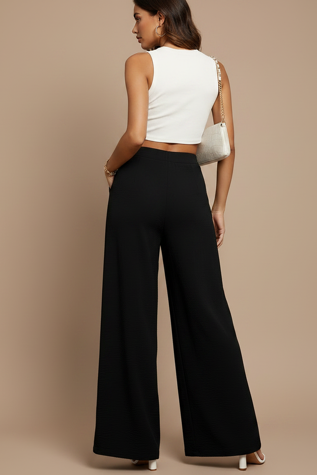 Pantalon Fluide Noir Ample Texturé Taille Haute Décontracté - Polyester - vue 2