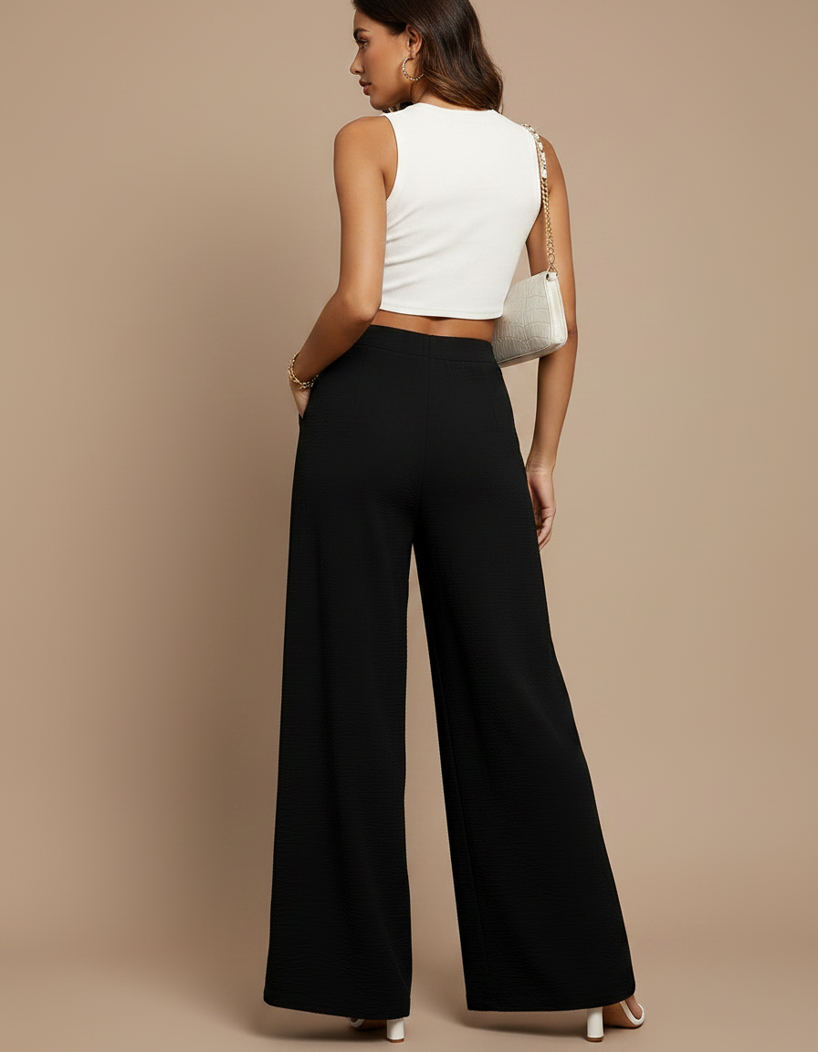 Pantalon Fluide Noir Ample Texturé Taille Haute Décontracté - Polyester - vue 2