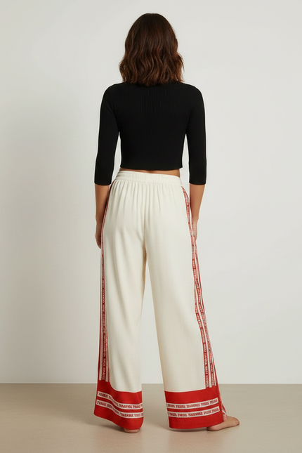 Pantalon Fluide Écru Ample Rayures Rouges Imprimées Décontracté - Beige Viscose - vue 2