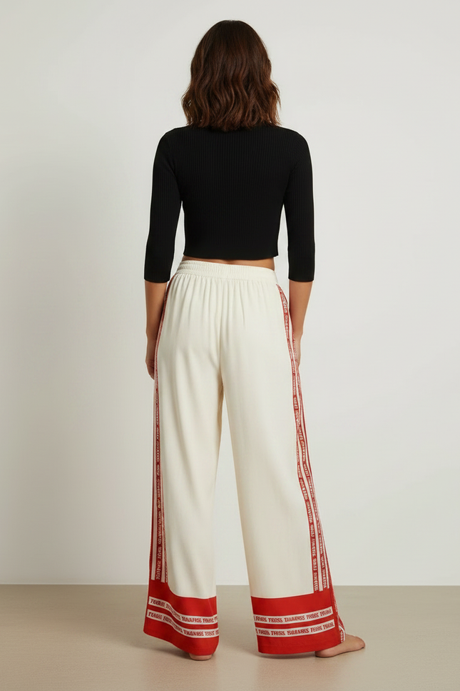 Pantalon Fluide Écru Ample Rayures Rouges Imprimées Décontracté - Beige Viscose - vue 2
