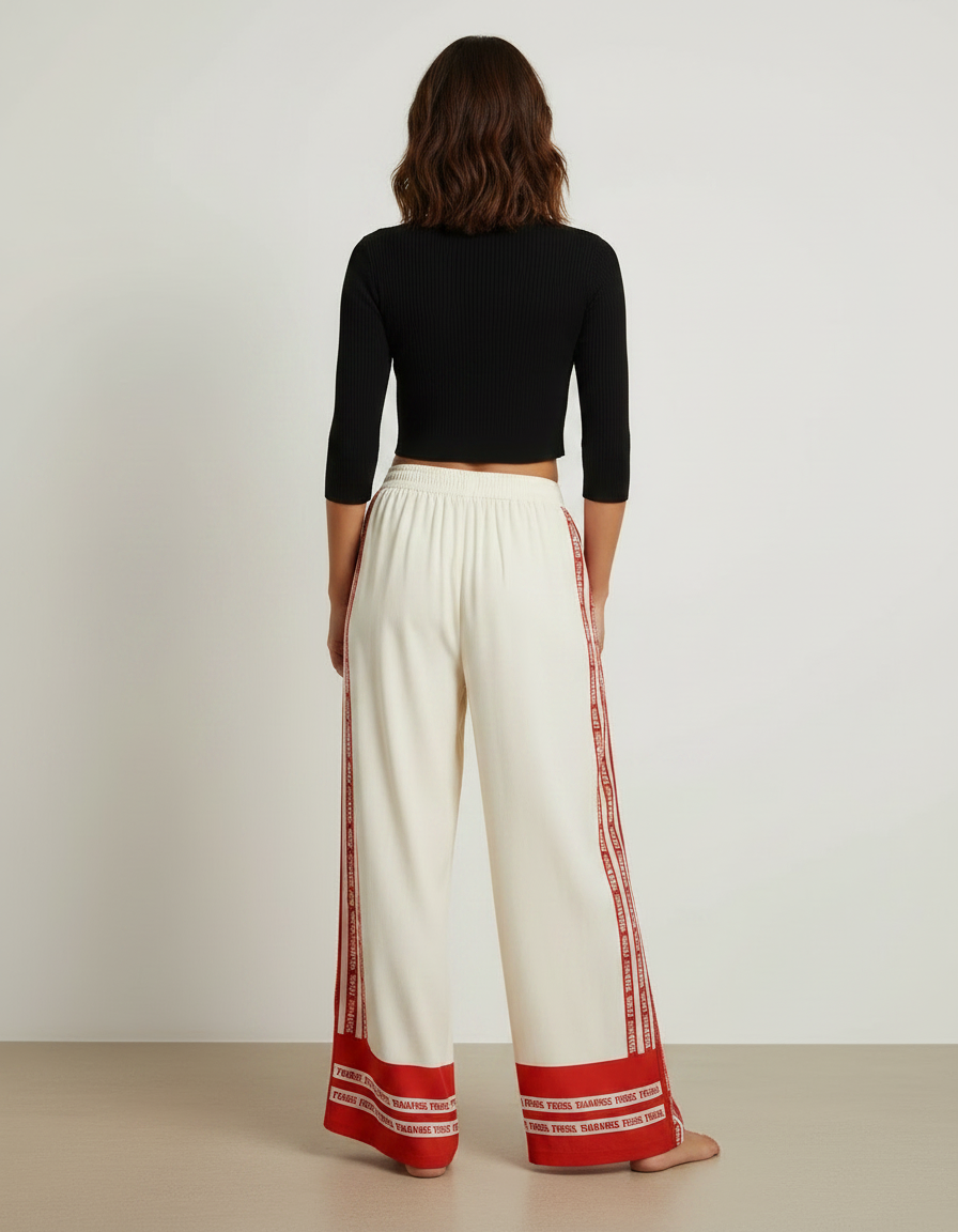 Pantalon Fluide Écru Ample Rayures Rouges Imprimées Décontracté - Beige Viscose - vue 2