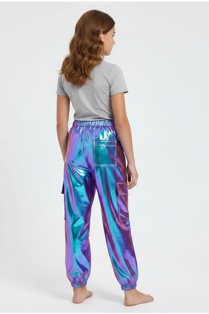 Pantalon Fluide Cargo Métallisé Brillant Holographique Fille - Multicolore Polyester - vue 2