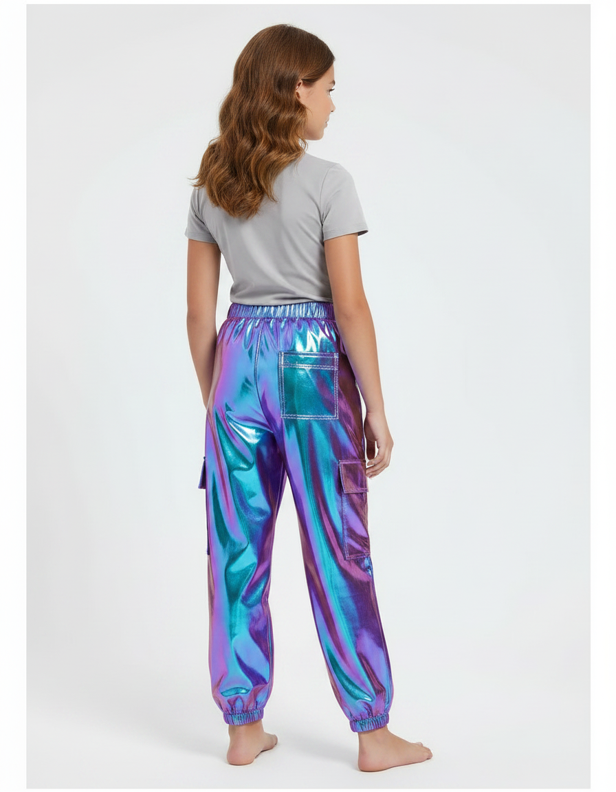 Pantalon Fluide Cargo Métallisé Brillant Holographique Fille - Multicolore Polyester - vue 2