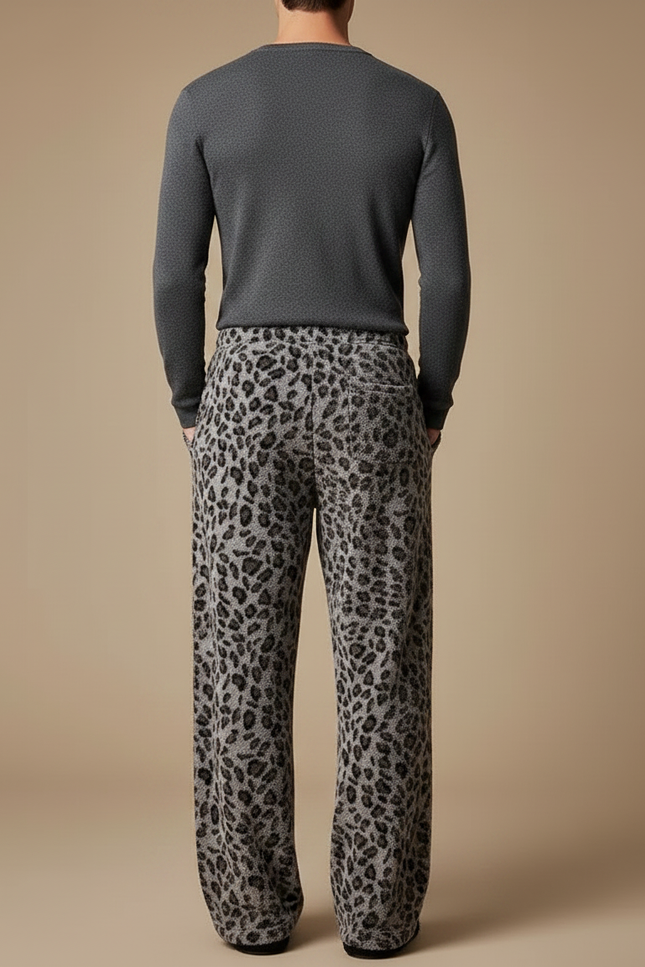 Pantalon Fluide Léopard Gris Ample Doux Cordon - Imprimé Molleton - vue 2