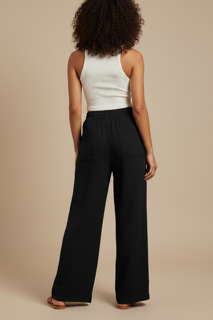 Pantalon Fluide Noir Ample Coton Décontracté Cordon - vue 2