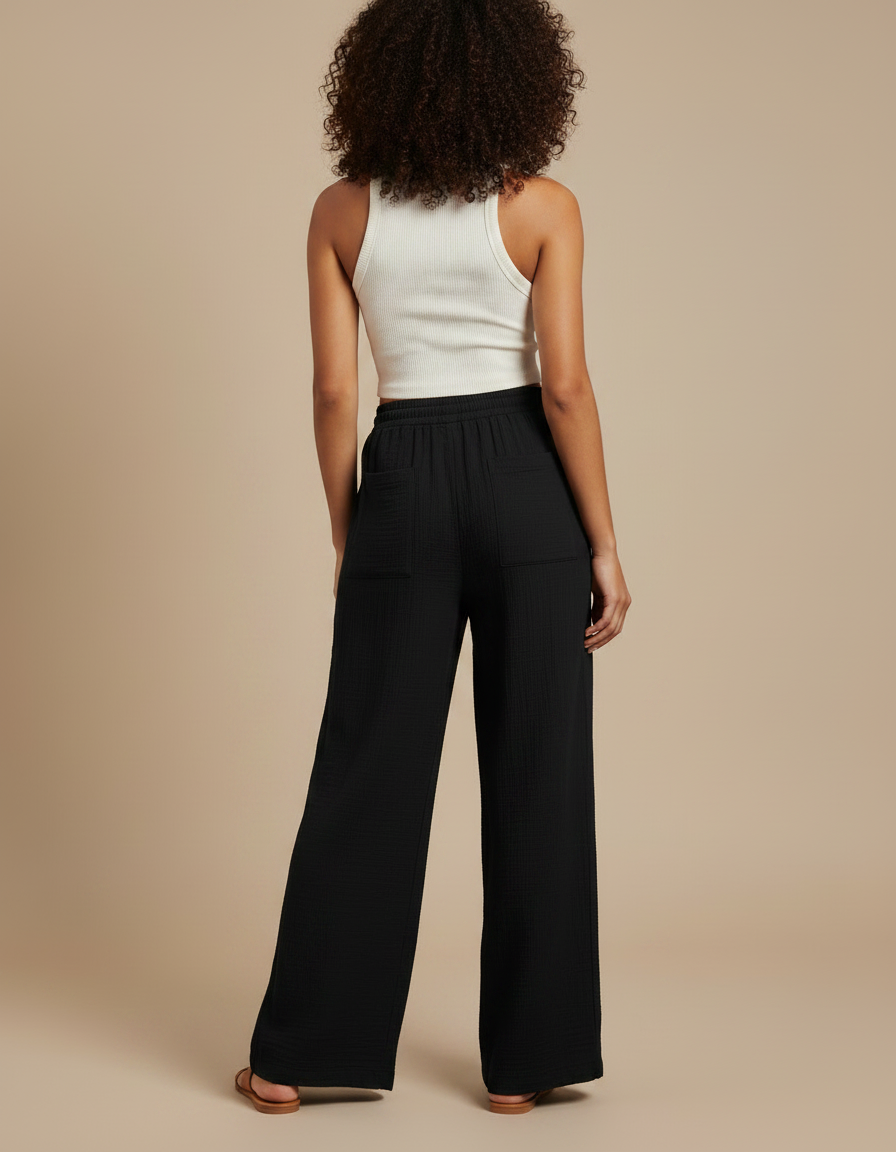 Pantalon Fluide Noir Ample Coton Décontracté Cordon - vue 2