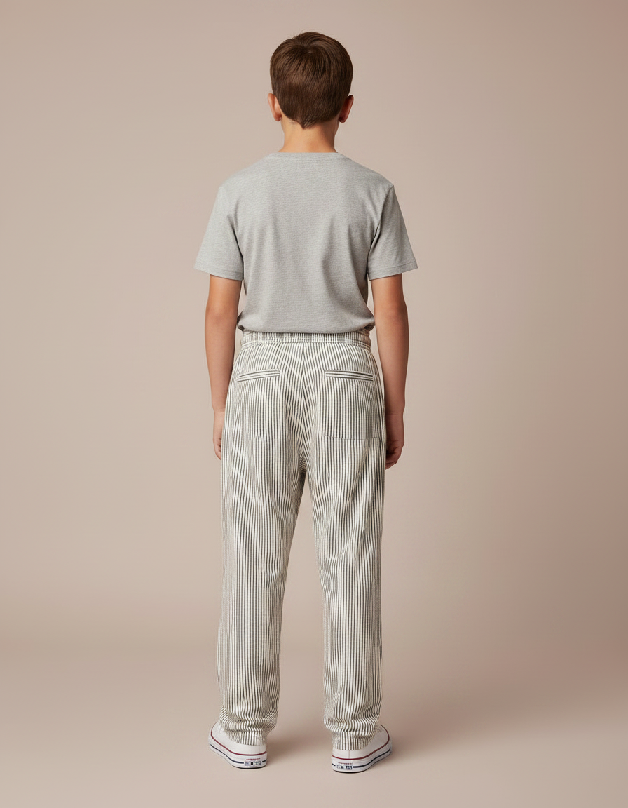 Pantalon Fluide Rayé Coton Décontracté Ample Garçon - Beige - vue 2