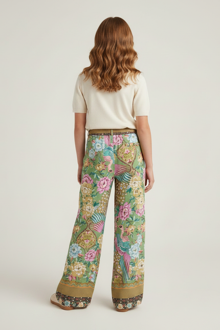 Pantalon Fluide Vert Imprimé Floral Paon Ample - Viscose - vue 2